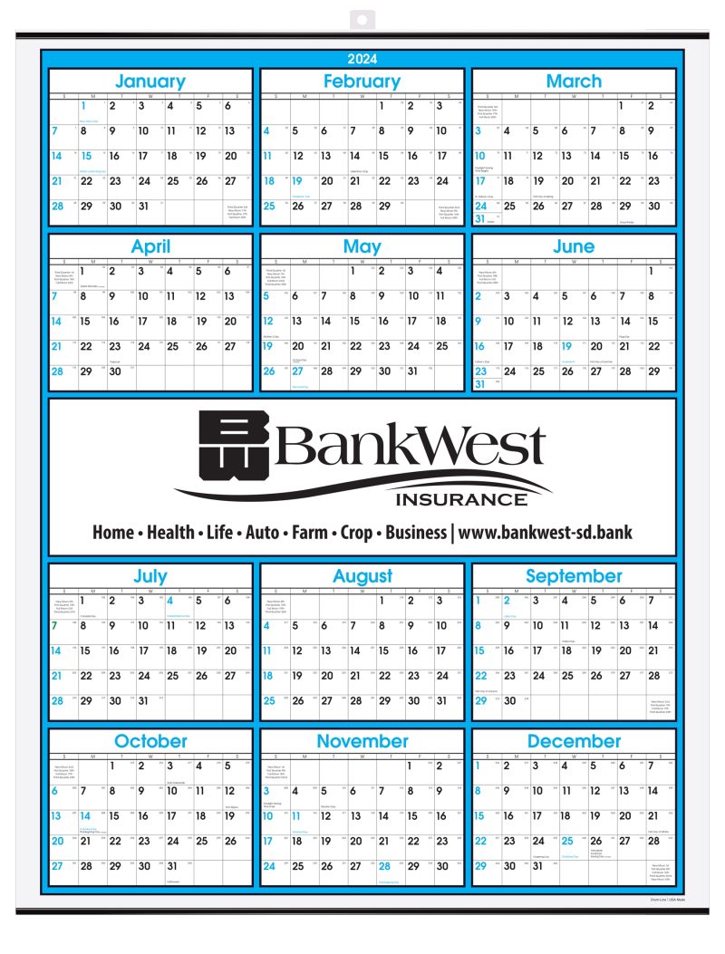 Blue-Border-Modern-Yearly-Calendar-wCenter-Imprint-2280M Custom Blue Border Modern Yearly Calendar w/Center Imprint