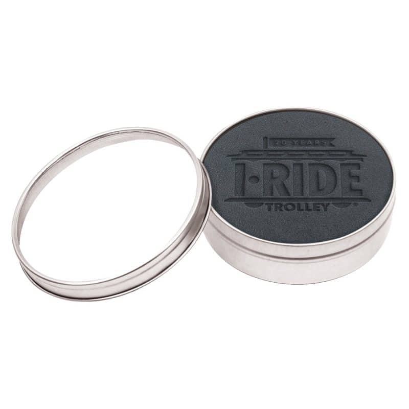 Custom Set of 4 Black Leather Coasters | Circle | 3 7/8" dia. | Debossed | Clear Top Tin