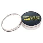 Custom Set of 4 Black Leather Coasters | Circle | 3 7/8" dia. | Foil Stamped | Clear Top Tin