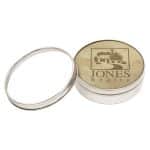 Custom Set of 4 Natural Leather Coasters | Circle | 3 7/8" dia. | Clear Top Tin