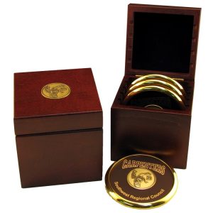 Custom 4.25" Wood Coaster Box w/Medallion