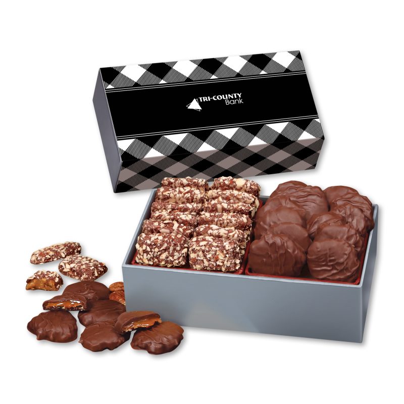 Black-Plaid-Gift-Box-wToffee-Pecan-Clusters-SLS160BPLD Custom Black Plaid Gift Box w/Toffee & Pecan Clusters