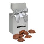 Silver-Gift-Box-wCaramel-Pecan-Clusters-SPD123 Custom Silver Gift Box w/Caramel Pecan Clusters