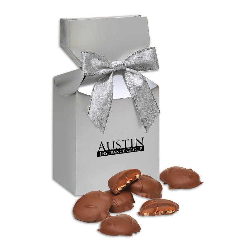 Silver-Gift-Box-wCaramel-Pecan-Clusters-SPD123 Custom Silver Gift Box w/Caramel Pecan Clusters