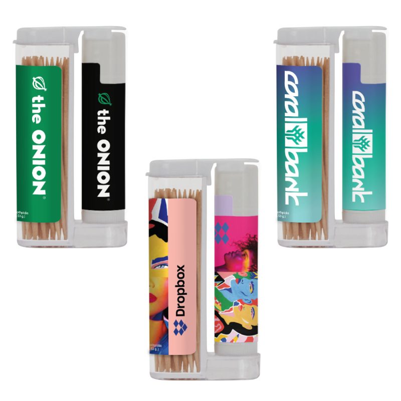 Custom Wooden Toothpicks in a Rectangular Flip-Top Duo w/ SPF 15 Lip Balm - 3