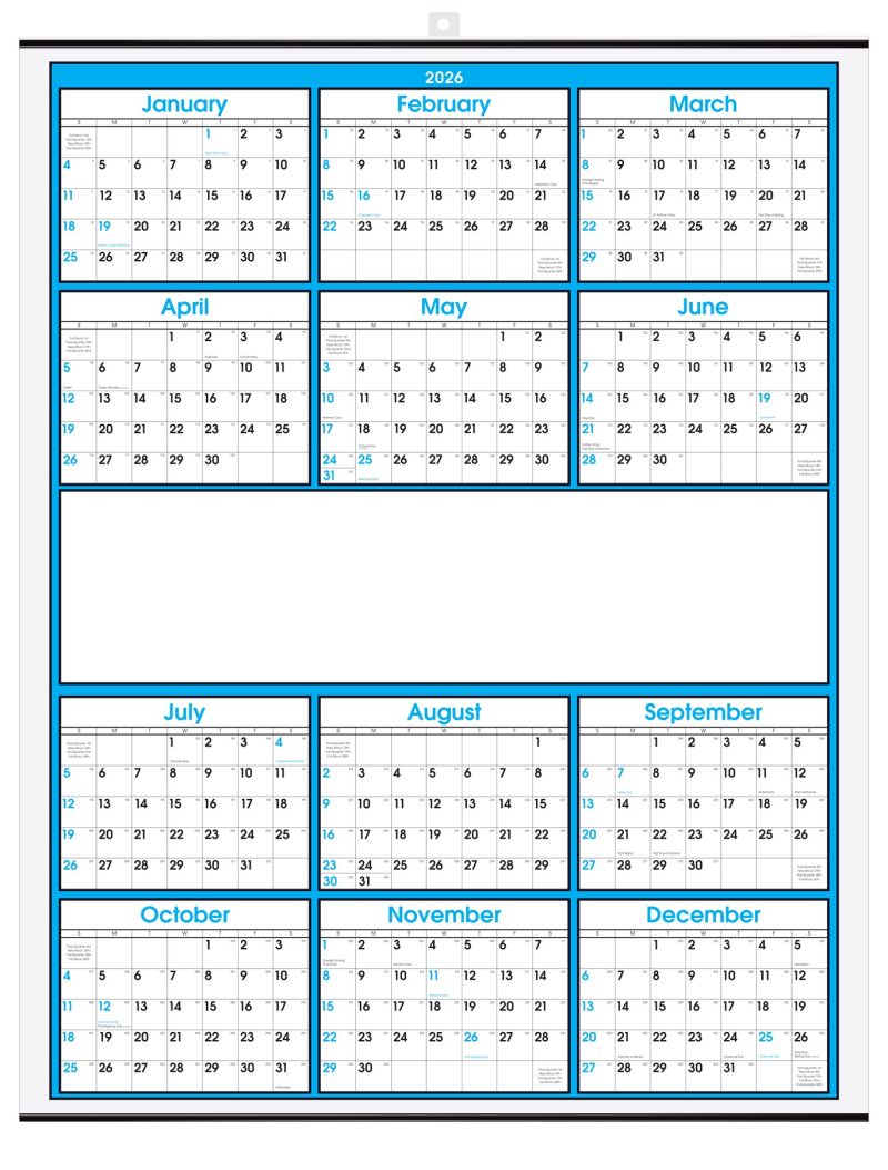 Custom Blue Border Modern Yearly Calendar w/Center Imprint - 1