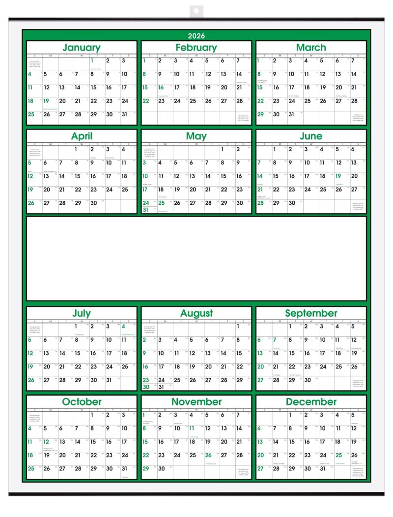 Custom Green Border Modern Yearly Calendar w/Center Imprint - 1