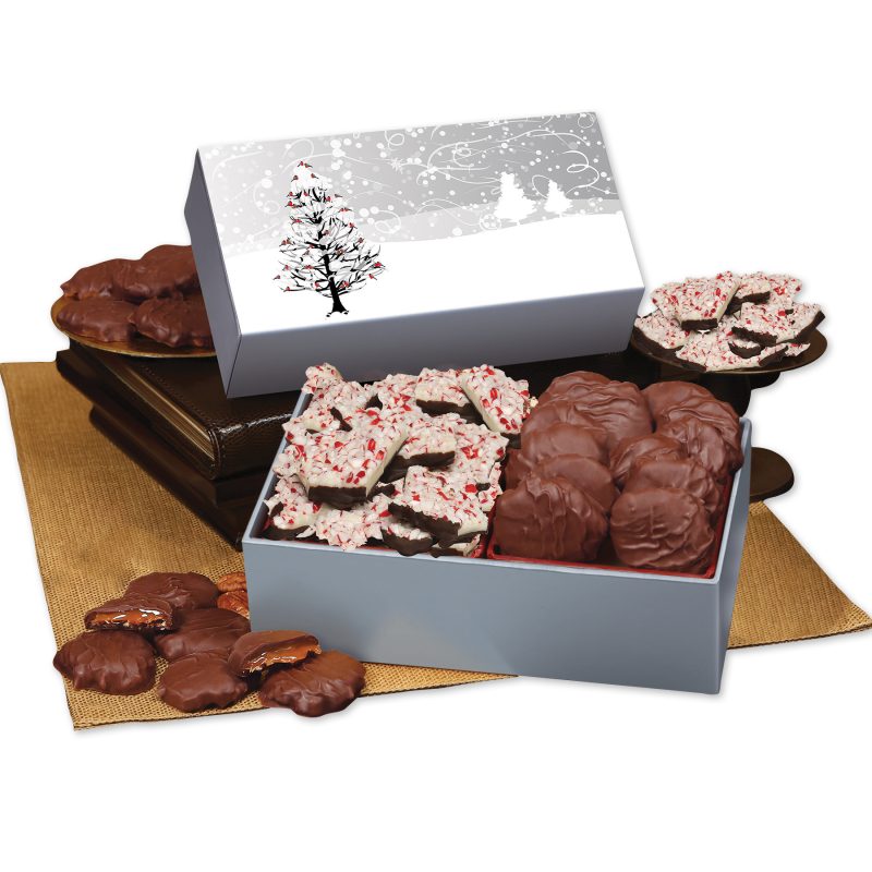 Custom Peppermint Bark & Pecan Clusters in Gift Box with Cardinals in Tree Sleeve - 1