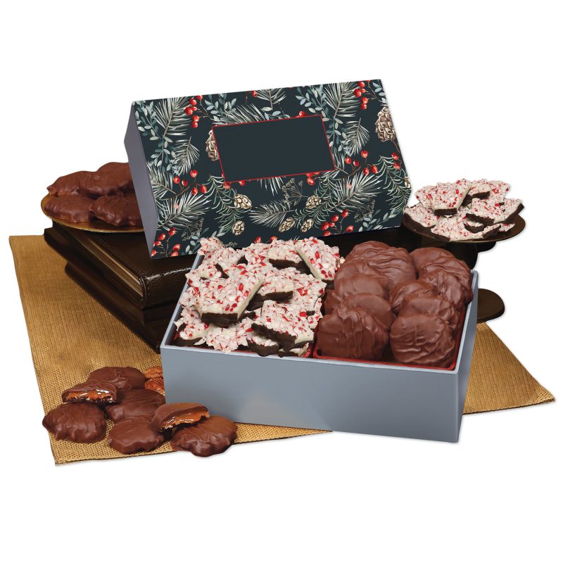 Custom Peppermint Bark & Pecan Clusters in Gift Box with Pine Boughs & Berries Sleeve - 1