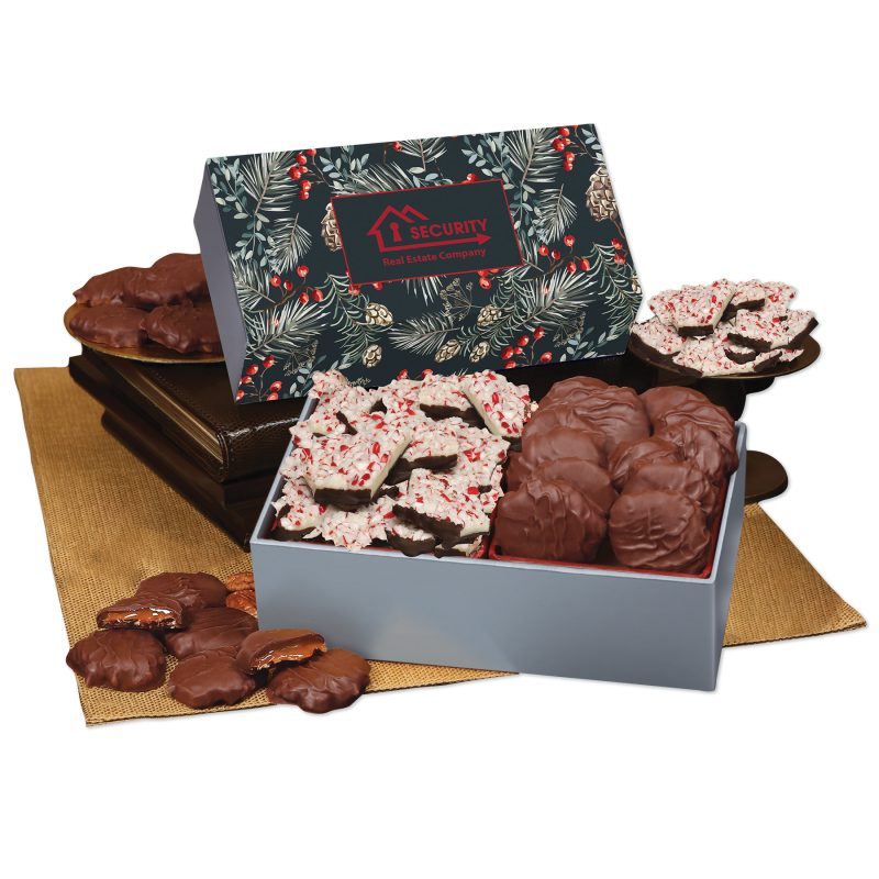 Peppermint-Bark-Pecan-Clusters-in-Gift-Box-with-Pine-Boughs-Berries-Sleeve-SLS1016PB Custom Peppermint Bark & Pecan Clusters in Gift Box with Pine Boughs & Berries Sleeve