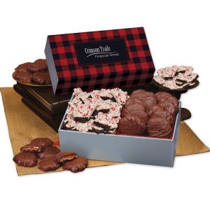 Custom Peppermint Bark & Pecan Clusters in Gift Box with Red & Black Plaid Sleeve
