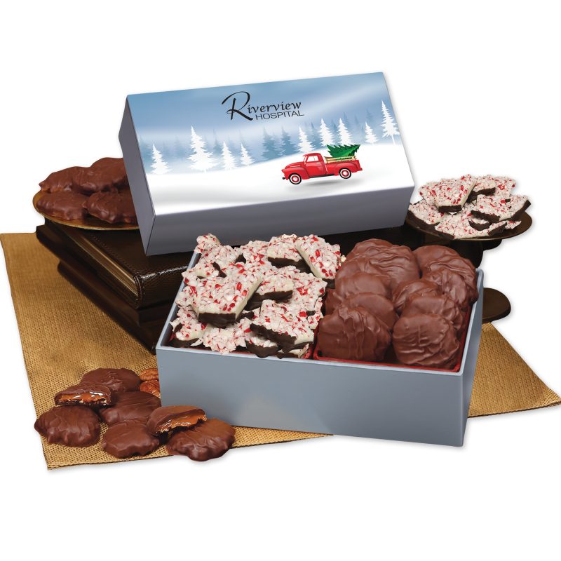 Custom Peppermint Bark & Pecan Clusters in Gift Box with Red Truck Sleeve