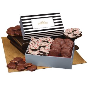 Custom Peppermint Bark & Pecan Clusters in Gift Box with Stripes Sleeve