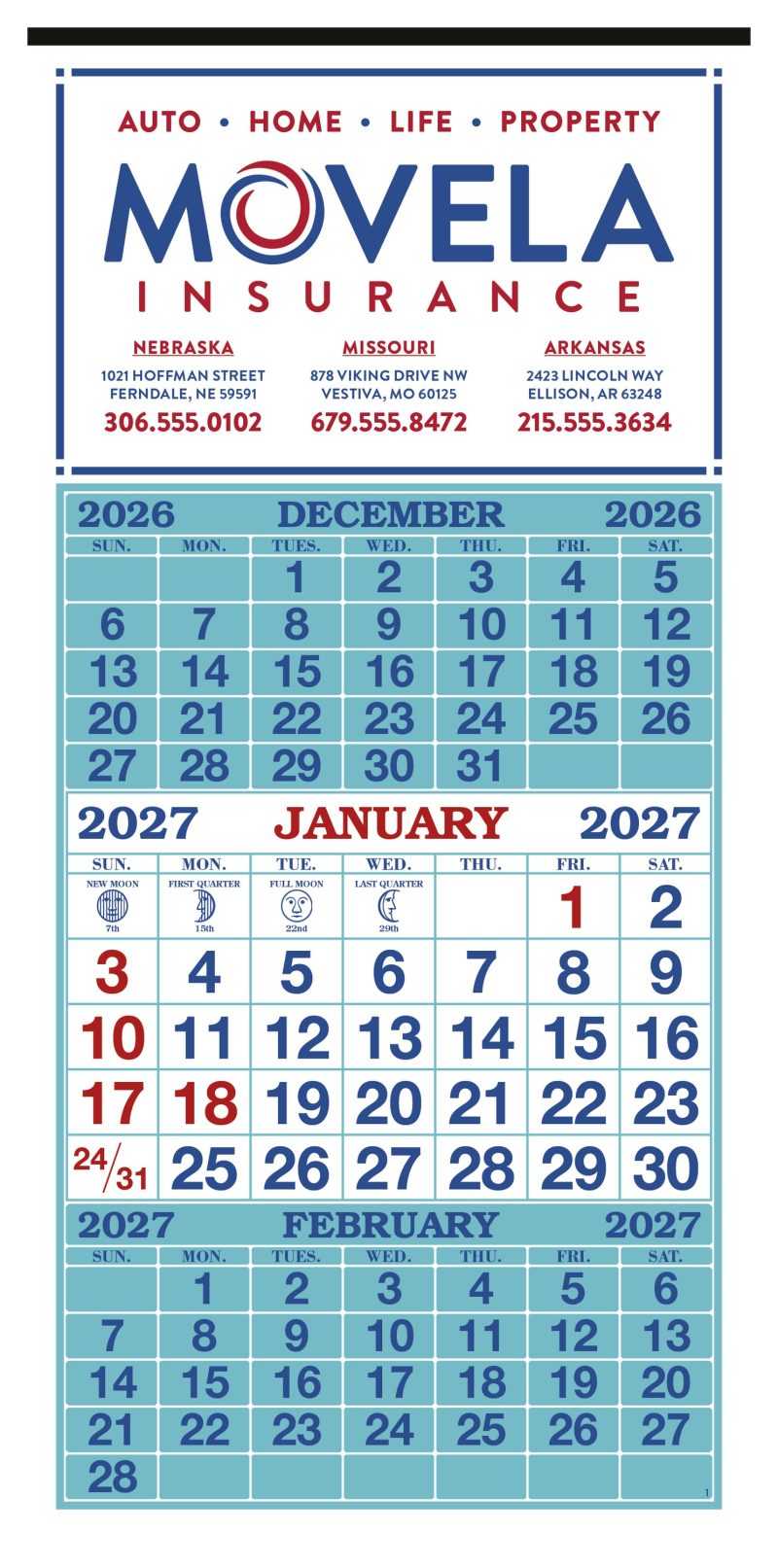 Custom Skinner & Kennedy™ 3-Month Display 12-Sheet Calendar - 1