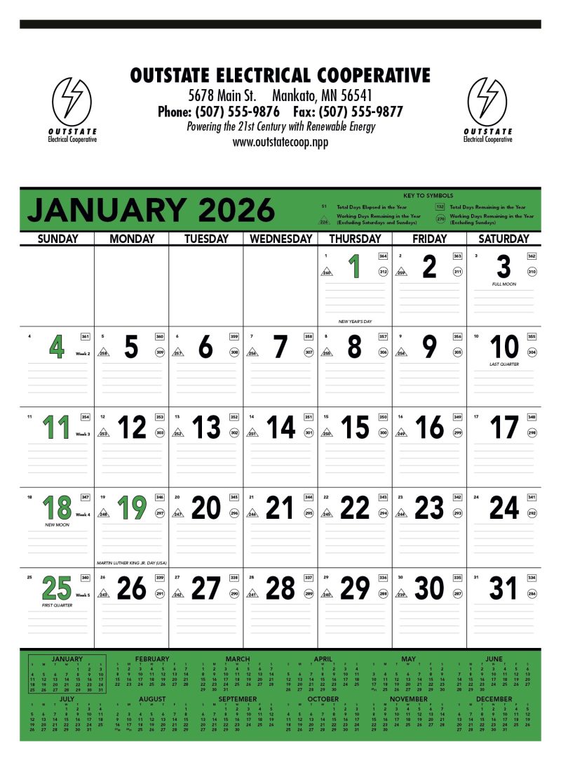 Custom Triumph® Calendars Green & Black Contractor Memo Calendar