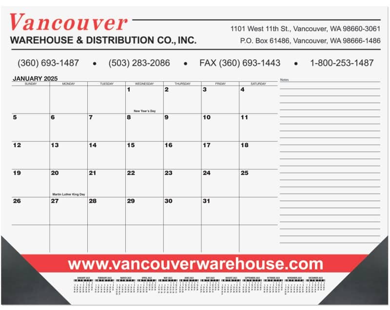 Custom Black Calendar Desk Pad w/Side Notes Line & 2 Color Imprint (21 ¾"x 17")
