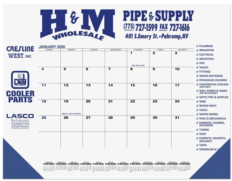 Custom Blue & Black 13 Month Calendar Desk Pad w/1 Color Imprint (21 ¾"x 17")