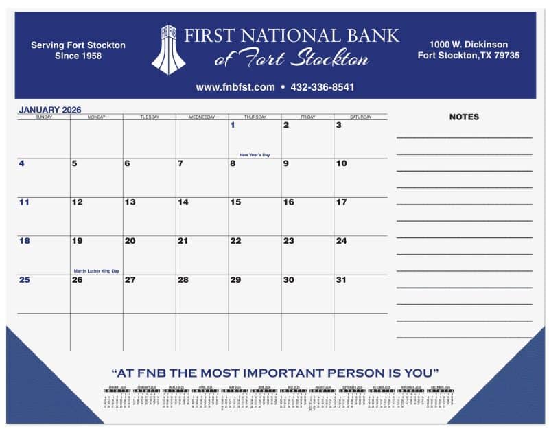 Custom Blue & Black Calendar Desk Pad w/Side Note Lines & 1 Color Imprint (21 ¾"x 17")