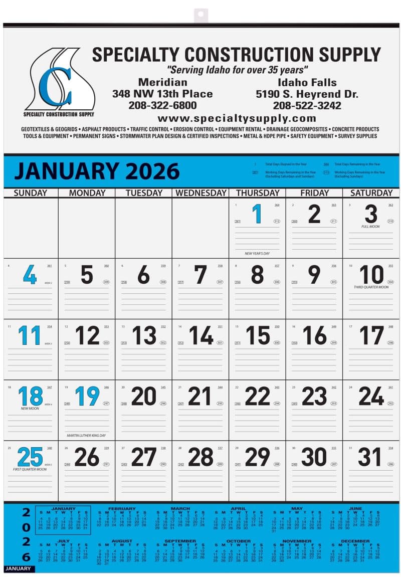 Custom Blue Contractor Calendar w/2 Color Imprint (18"x 25")