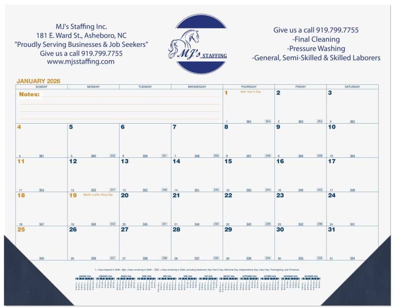 Custom Blue & Gold Calendar Desk Pad w/13 Sheets & 1 Color Imprint (21 ¾"x 17")