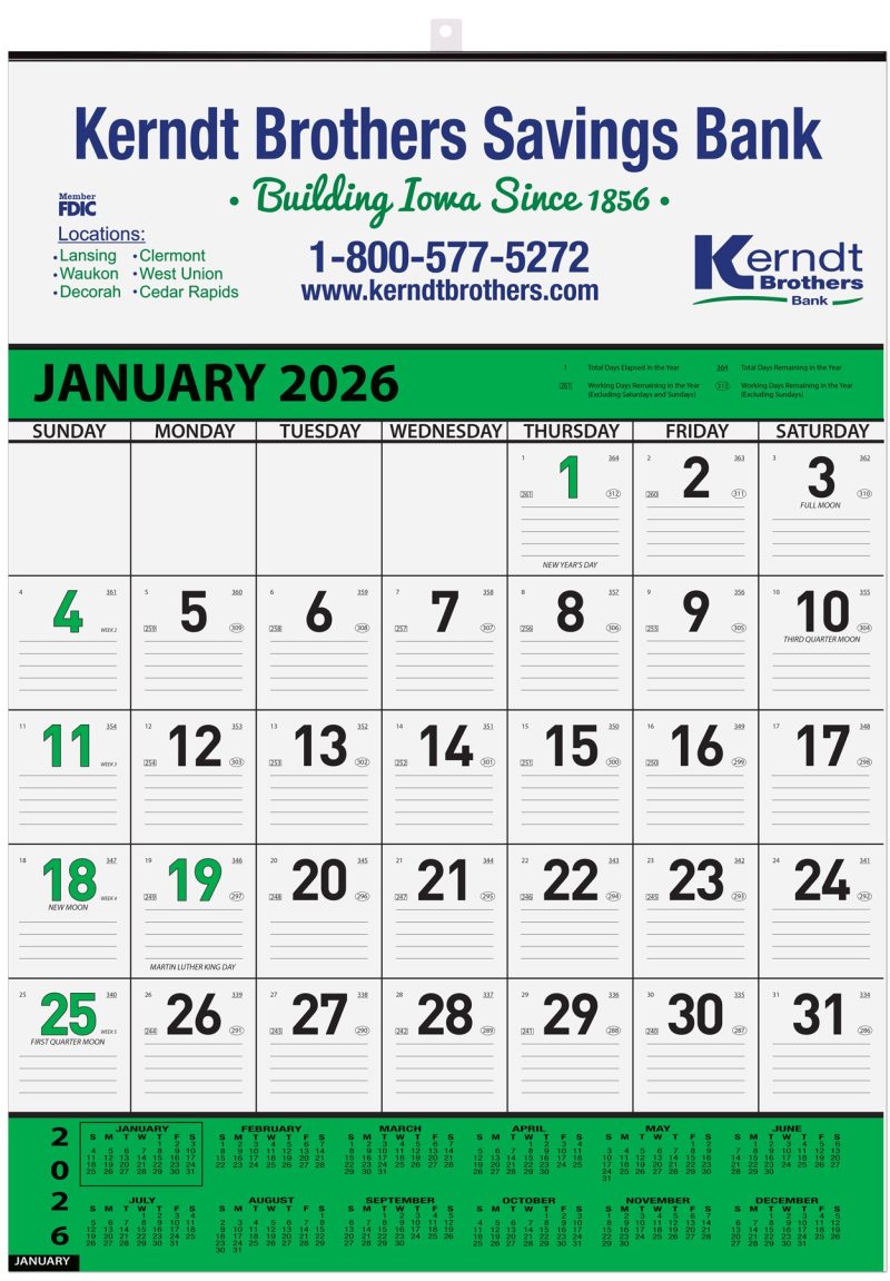 Custom Green Contractor Calendar w/2 Color Imprint (18"x 25")