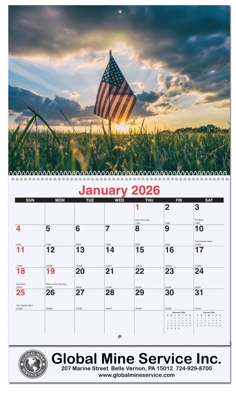 Custom Old Glory Monthly Wall Calendar w/Coil Binding (10 5/8"x 18 ¼")