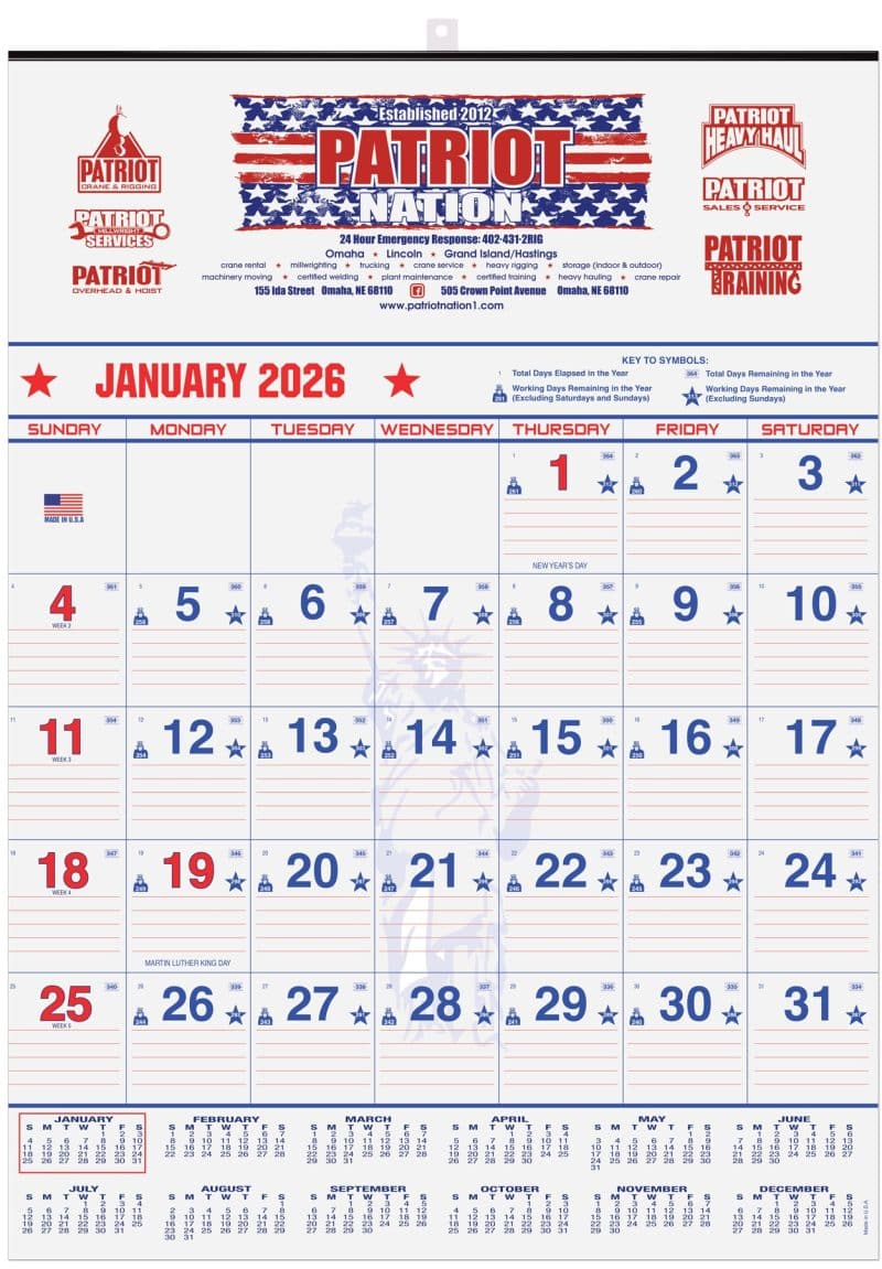 Custom Patriotic Red & Blue Contractor Calendar w/2 Color Imprint (18"x 25")
