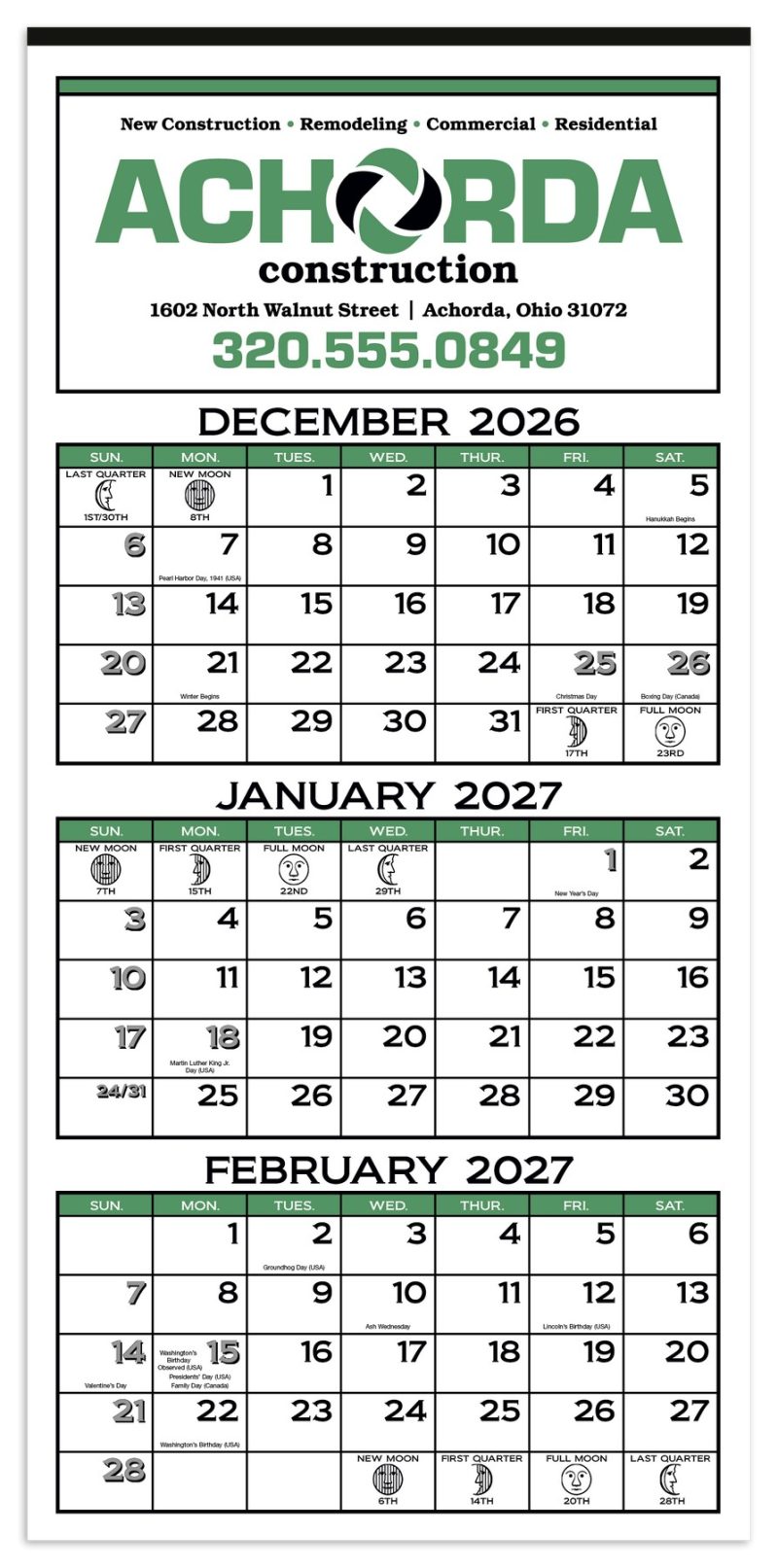 Custom Skinner & Kennedy® 3-Month Display 12-Sheet Calendar