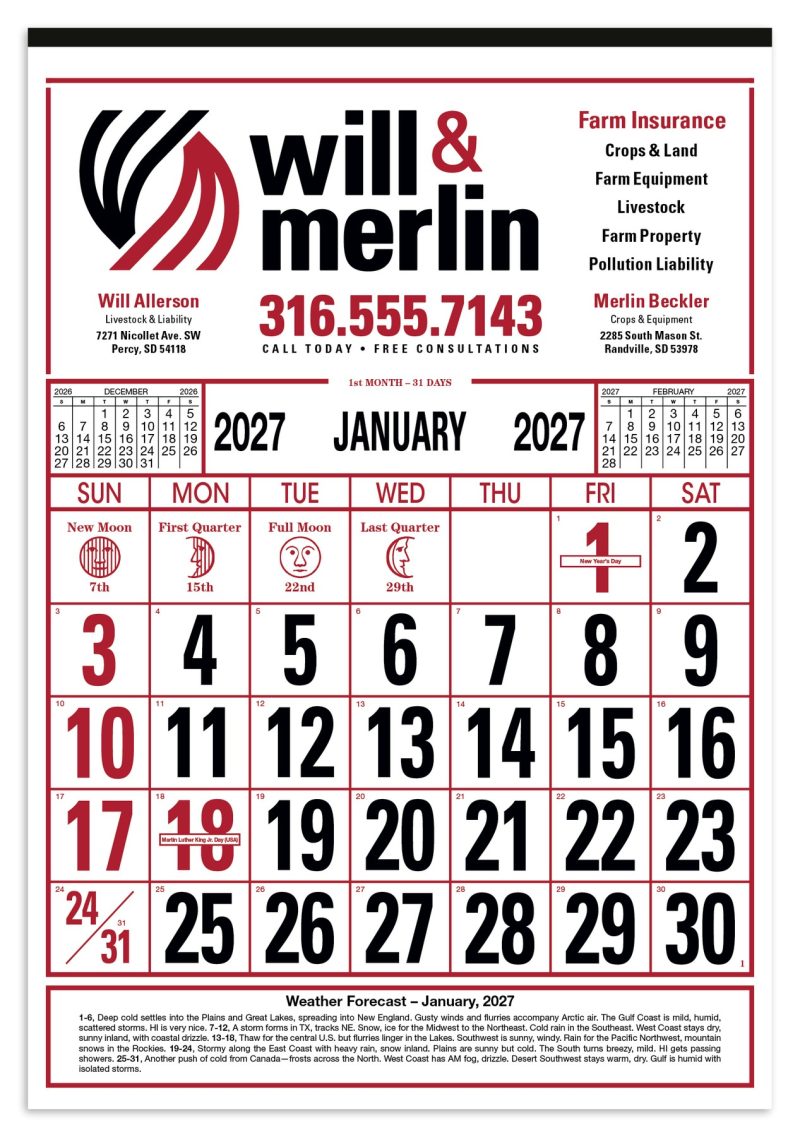 Custom Skinner & Kennedy® Commercial 12-Sheet Calendar