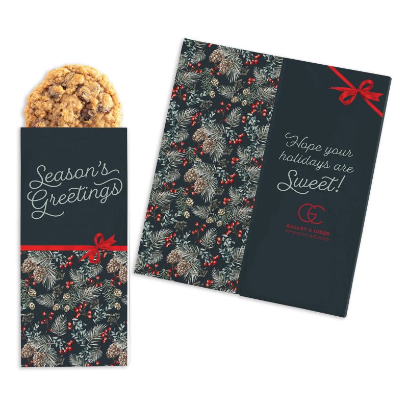 One-Color-Foil-Stamped-Stock-Pine-Boughs-Berries-Sweeter-Cards-with-Oatmeal-Raisin-Cookies-SC182PB Custom One Color Foil-Stamped Stock Pine Boughs & Berries Sweeter Cards with Oatmeal Raisin Cookies