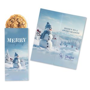 Custom One Color Foil-Stamped Stock Snowman Sweeter Cards with Oatmeal Raisin Cookies